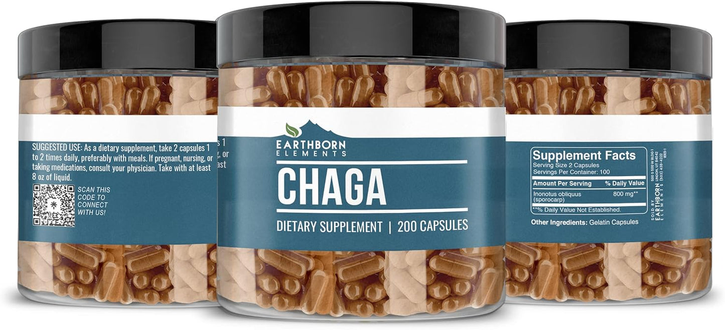 200 Pure & Undiluted Chaga Mushroom Extract Capsules by Earthborn Elements - Additive-Free - BoostGo Australia