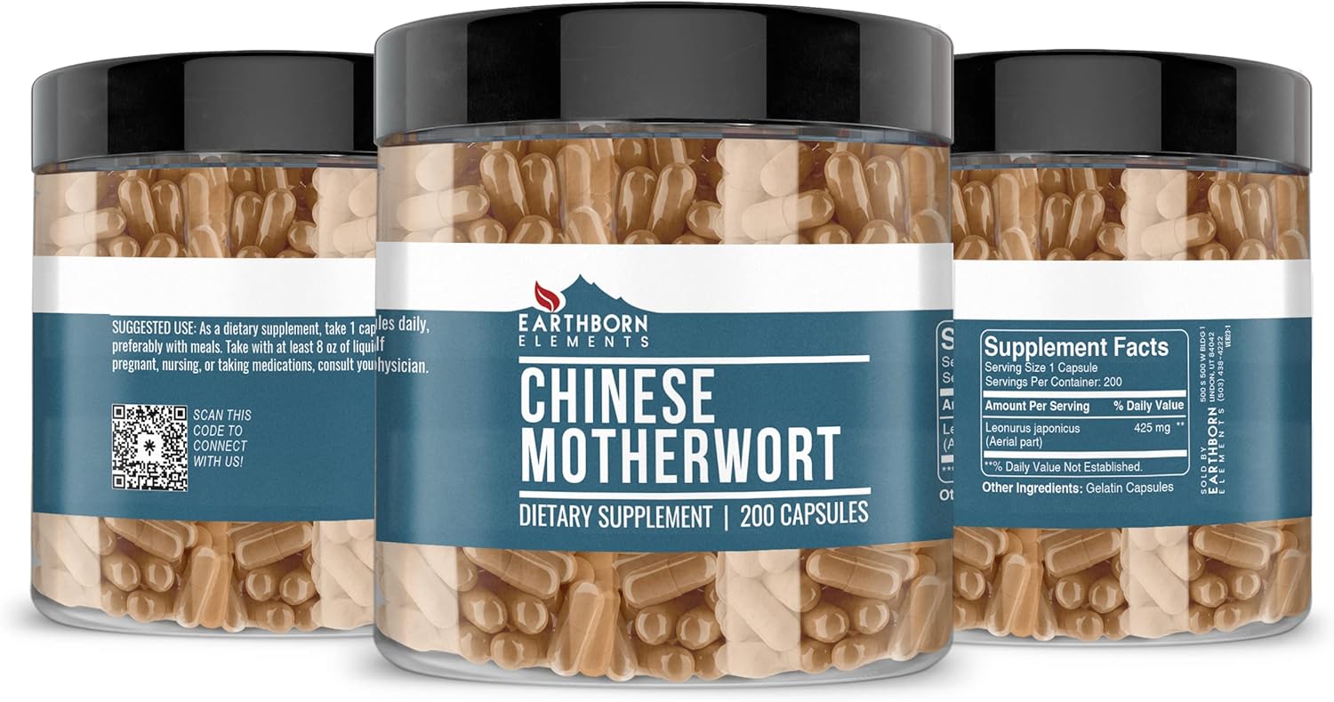 200 Pure & Undiluted Chinese Motherwort Capsules by Earthborn Elements - No Additives