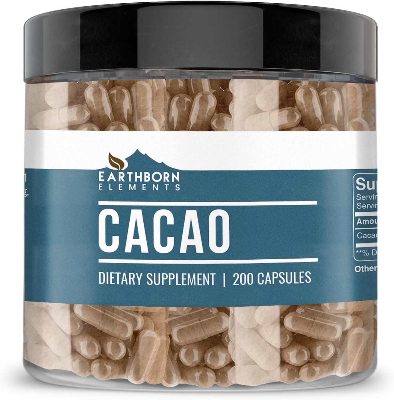 200 Pure & Undiluted Earthborn Elements Cacao (Cocoa) Capsules - No Additives