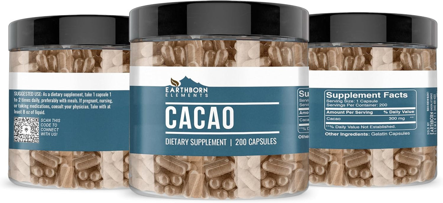 200 Pure & Undiluted Earthborn Elements Cacao (Cocoa) Capsules - No Additives