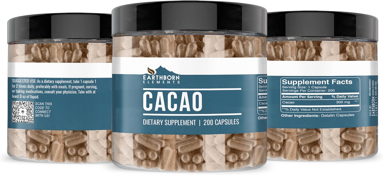 200 Pure & Undiluted Earthborn Elements Cacao (Cocoa) Capsules - No Additives