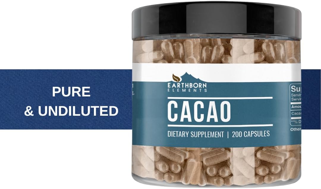 200 Pure & Undiluted Earthborn Elements Cacao (Cocoa) Capsules - No Additives