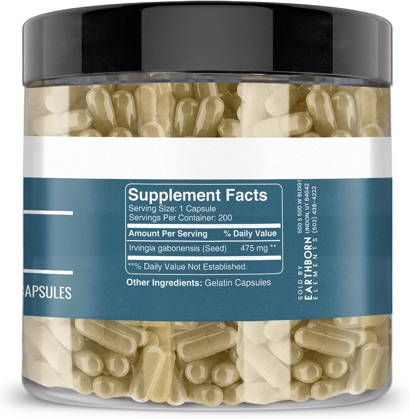 200 Pure & Undiluted Irvingia Capsules by Earthborn Elements - Additive-Free Formula