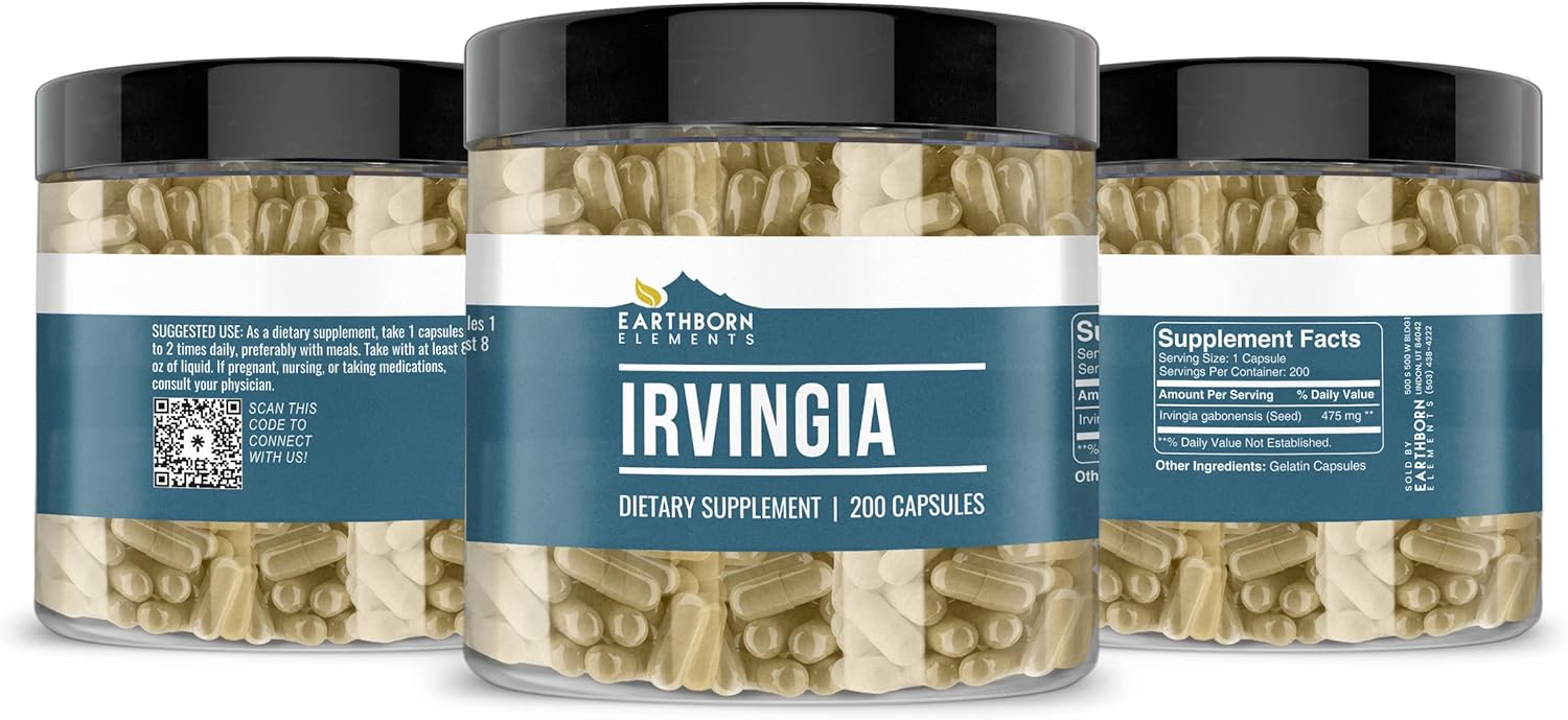 200 Pure & Undiluted Irvingia Capsules by Earthborn Elements - Additive-Free Formula