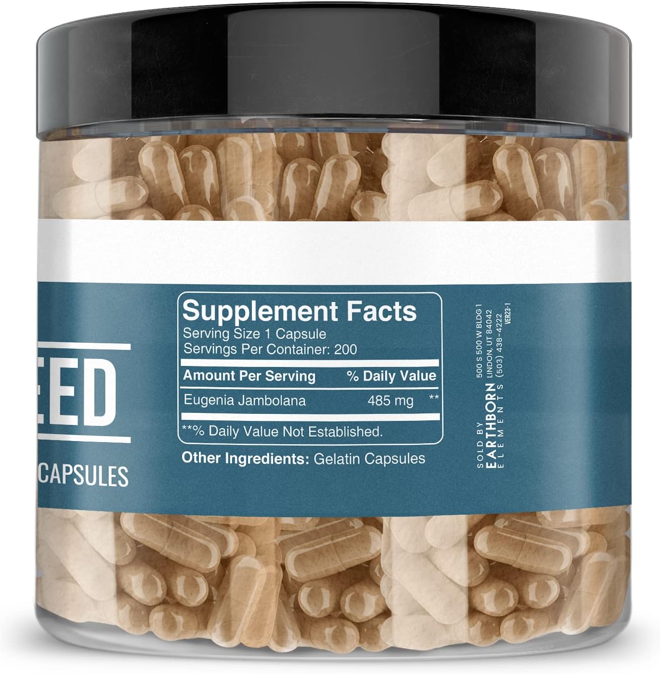 200 Pure & Undiluted Jamun Seed Capsules by Earthborn Elements - No Additives