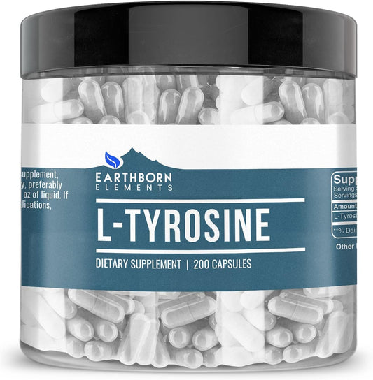 200 Pure & Undiluted L-Tyrosine Capsules by Earthborn Elements - Additive-Free Formula