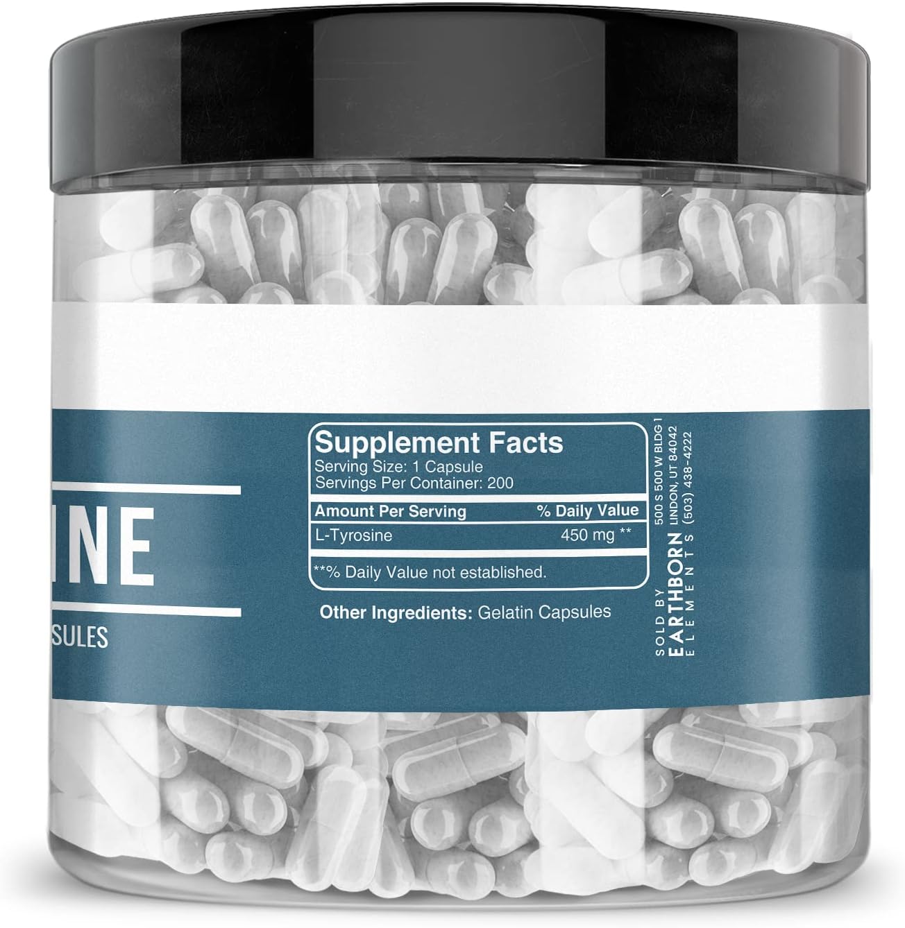 200 Pure & Undiluted L-Tyrosine Capsules by Earthborn Elements - Additive-Free Formula