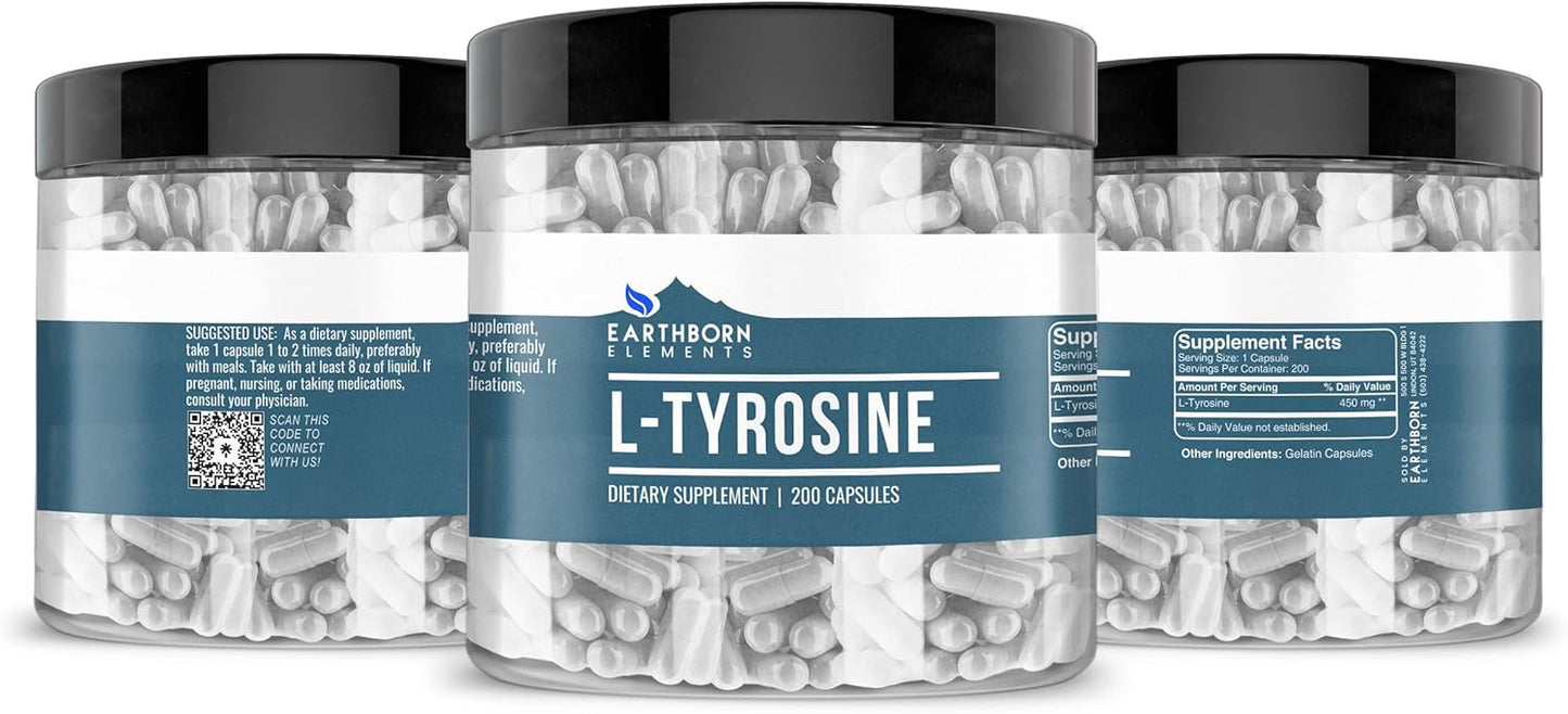 200 Pure & Undiluted L-Tyrosine Capsules by Earthborn Elements - Additive-Free Formula