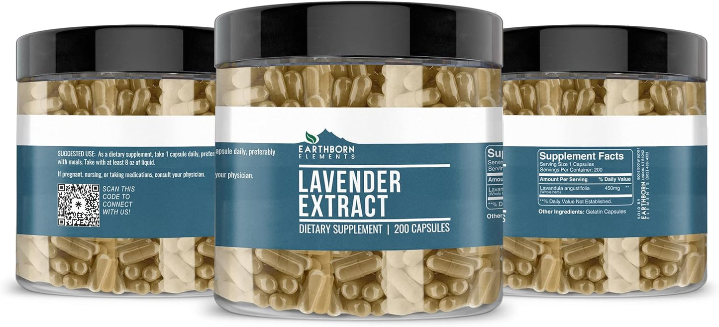 200 Pure & Undiluted Lavender Extract Capsules by Earthborn Elements - Additive-Free