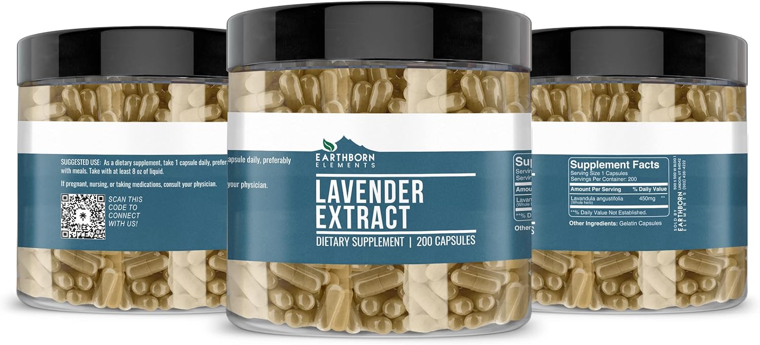 200 Pure & Undiluted Lavender Extract Capsules by Earthborn Elements - Additive-Free