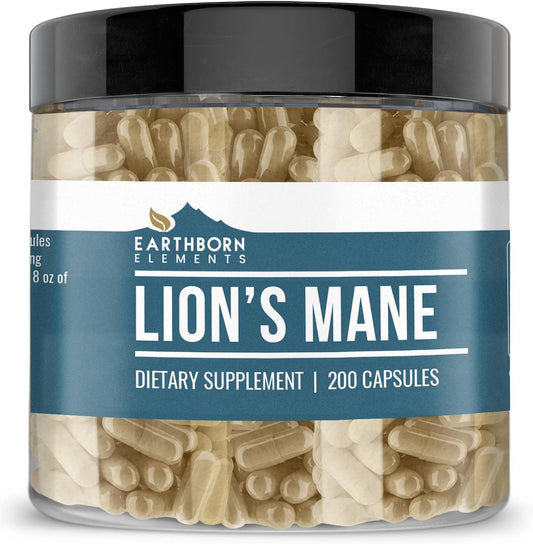 200 Pure & Undiluted Lion's Mane Capsules by Earthborn Elements - Additive-Free Formula