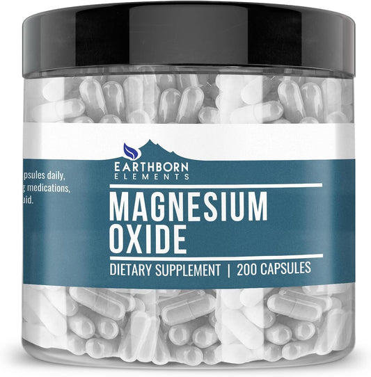 200 Pure & Undiluted Magnesium Oxide Capsules by Earthborn Elements - Additive-Free