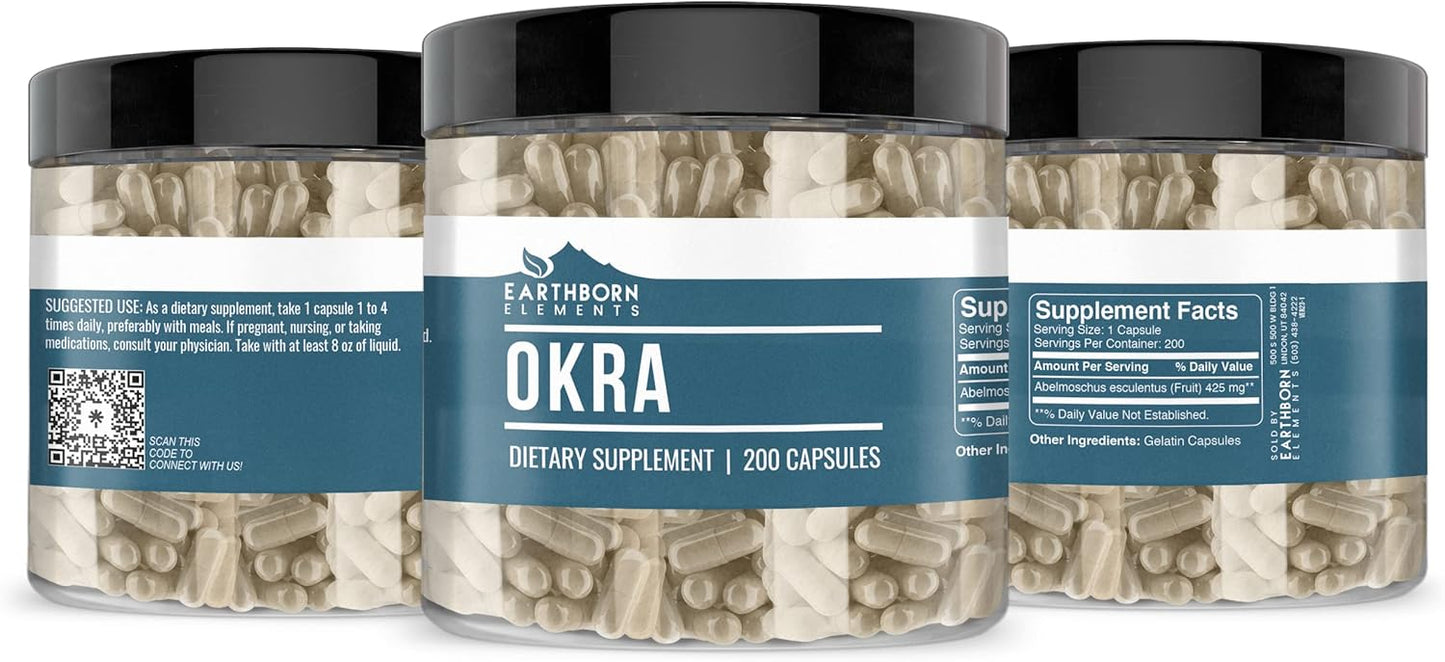200 Pure & Undiluted Okra Extract Capsules by Earthborn Elements - No Additives