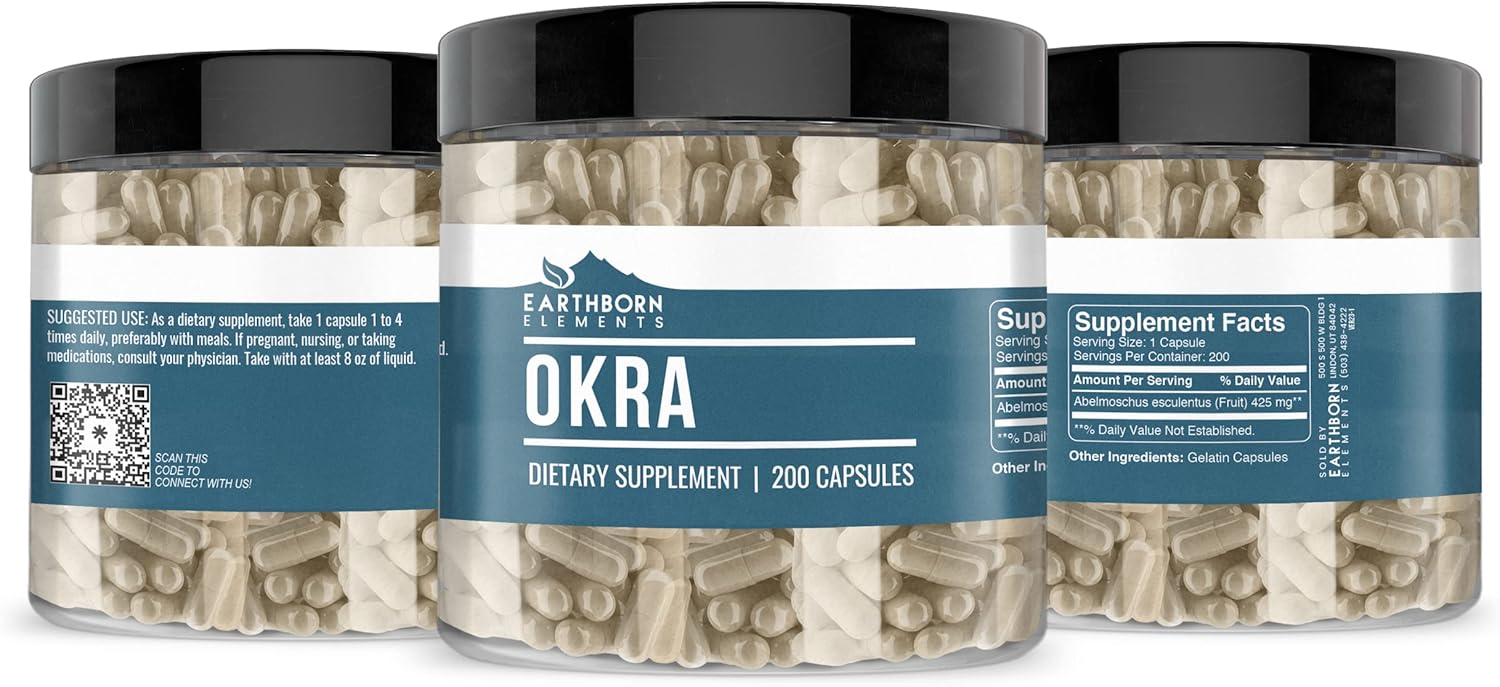 200 Pure & Undiluted Okra Extract Capsules by Earthborn Elements - No Additives
