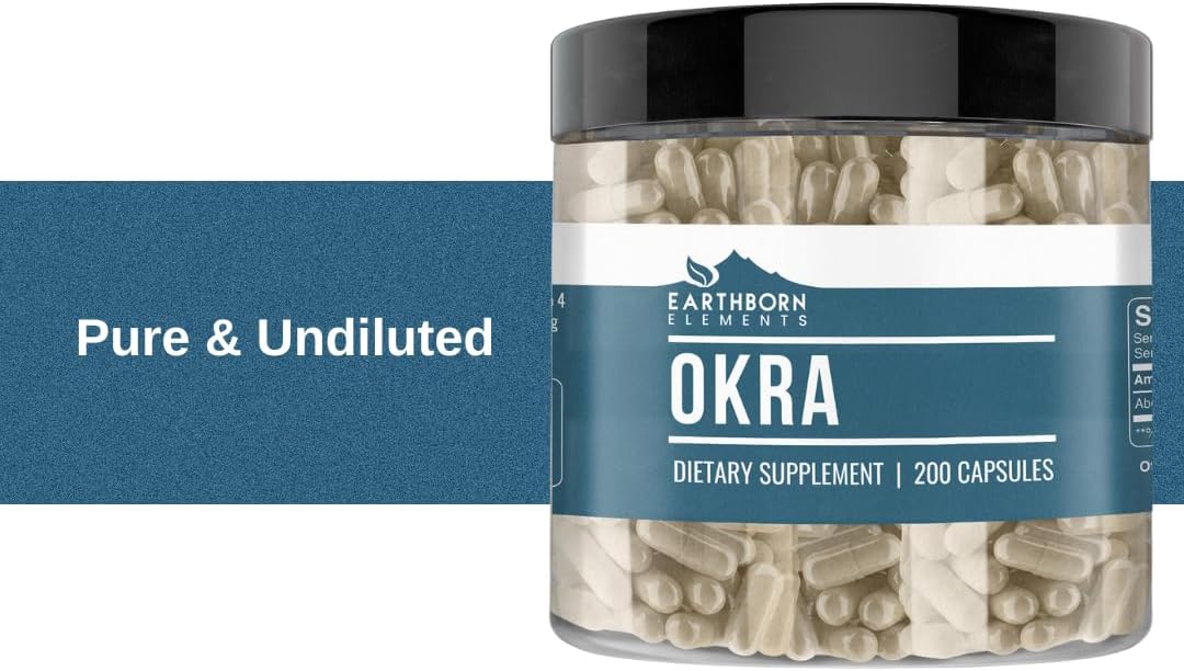 200 Pure & Undiluted Okra Extract Capsules by Earthborn Elements - No Additives