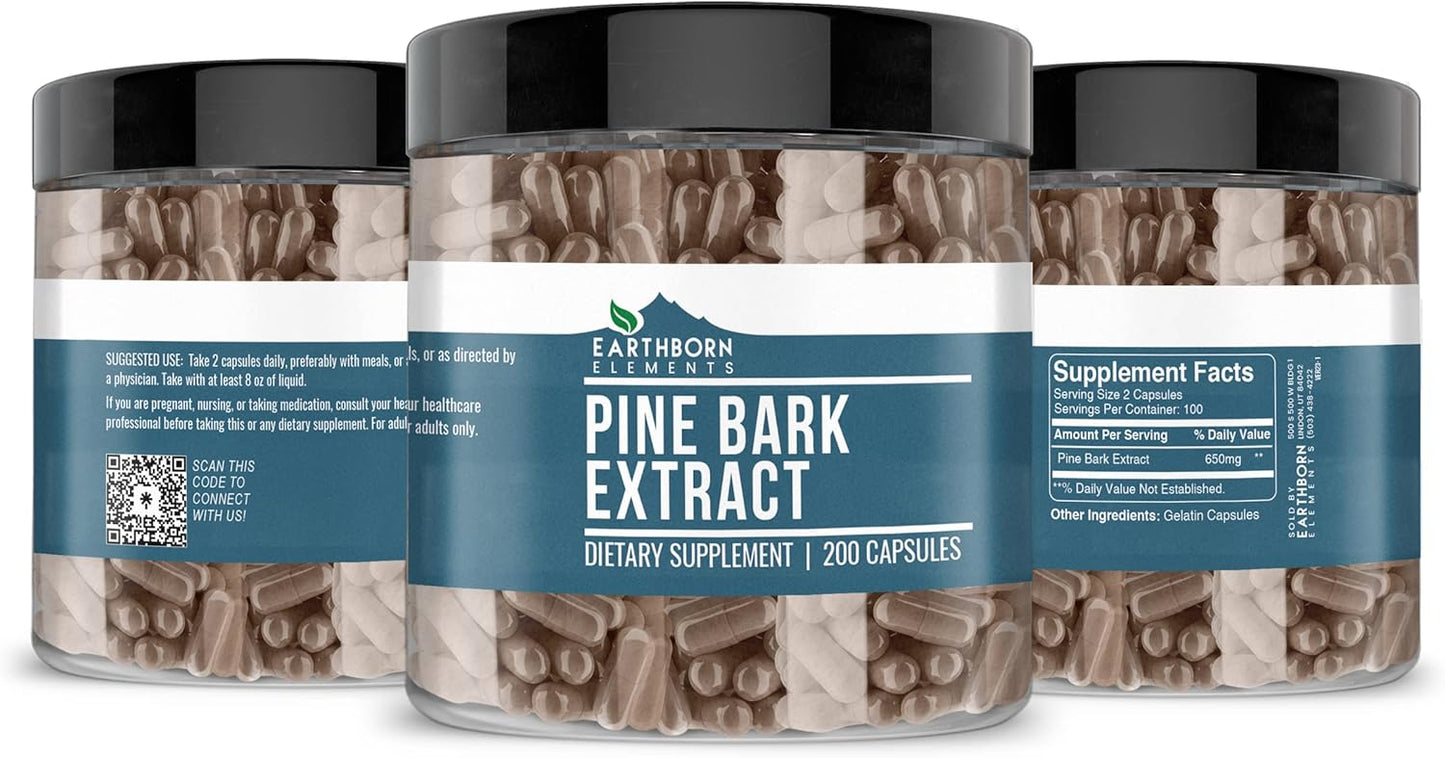 200 Pure & Undiluted Pine Bark Extract Capsules by Earthborn Elements - No Additives Included