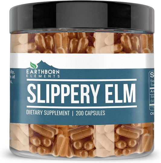 200 Pure & Undiluted Slippery Elm Capsules by Earthborn Elements - Additive-Free Formula