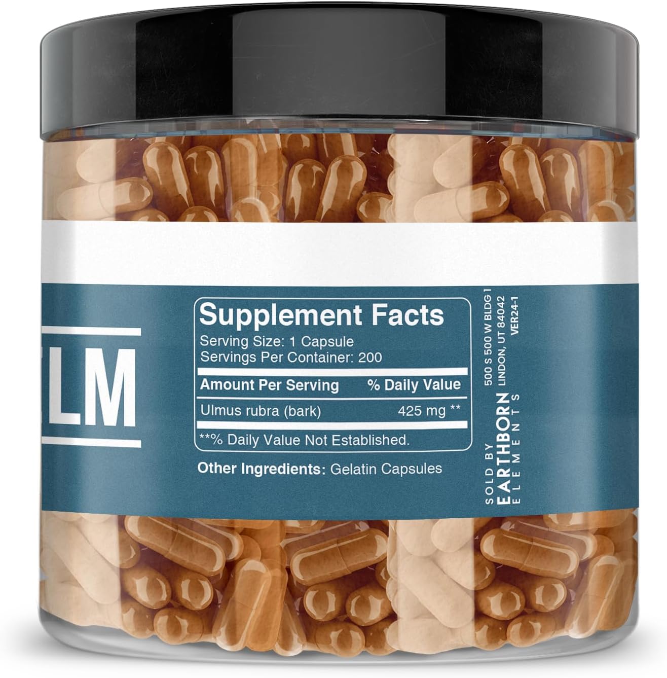 200 Pure & Undiluted Slippery Elm Capsules by Earthborn Elements - Additive-Free Formula