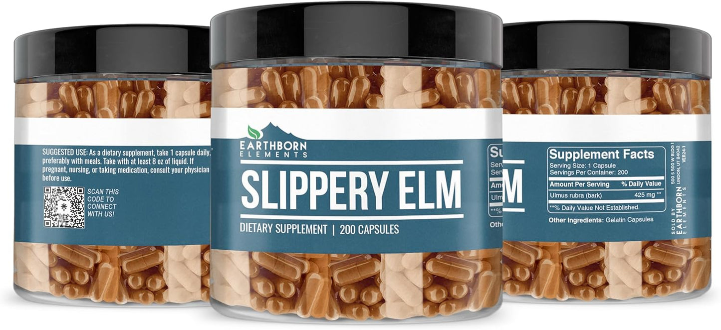 200 Pure & Undiluted Slippery Elm Capsules by Earthborn Elements - Additive-Free Formula