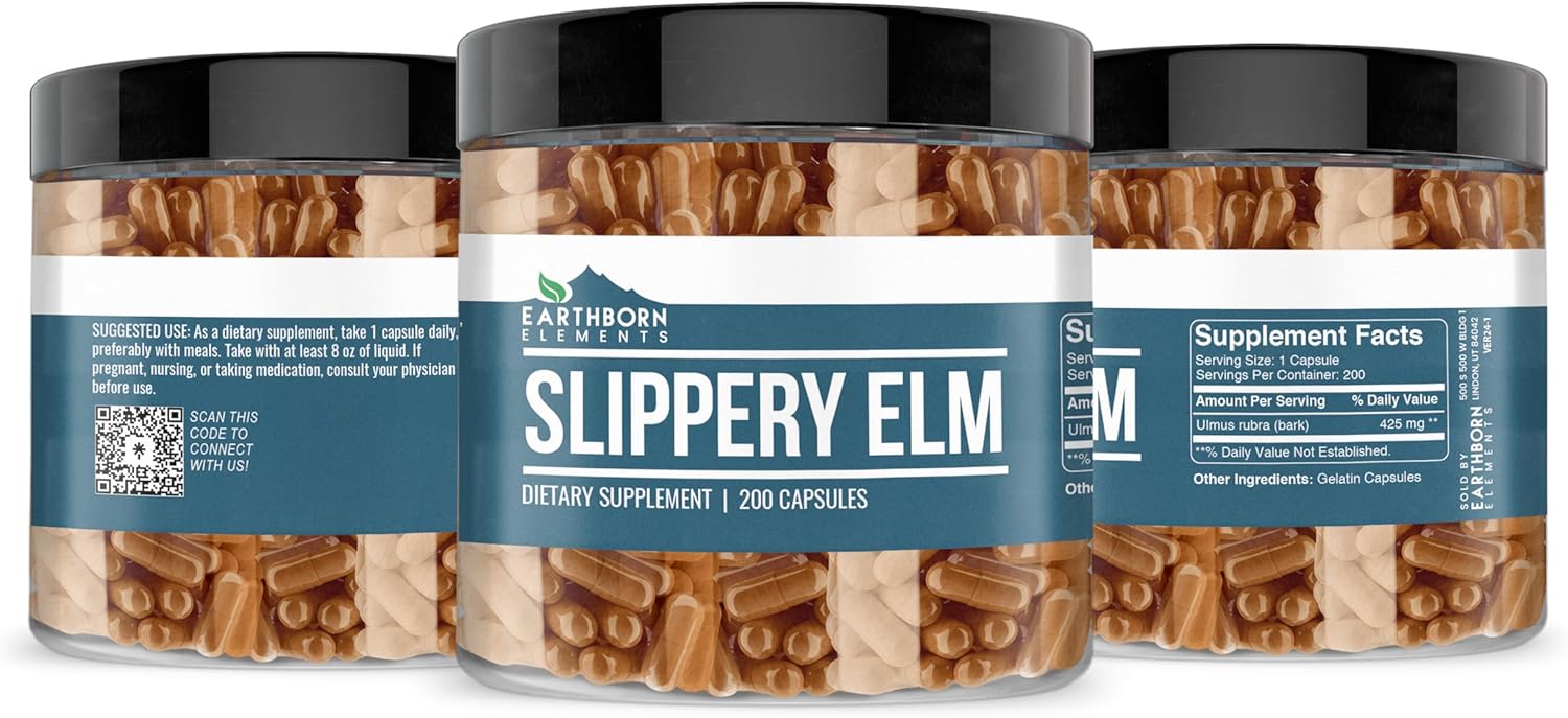 200 Pure & Undiluted Slippery Elm Capsules by Earthborn Elements - Additive-Free Formula