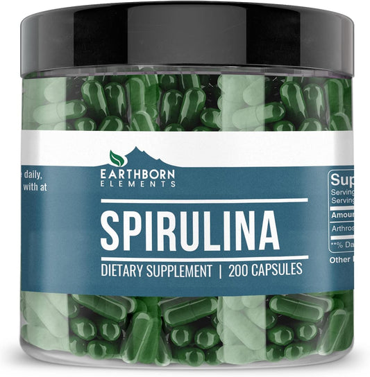 200 Pure & Undiluted Spirulina Capsules by Earthborn Elements - No Additives