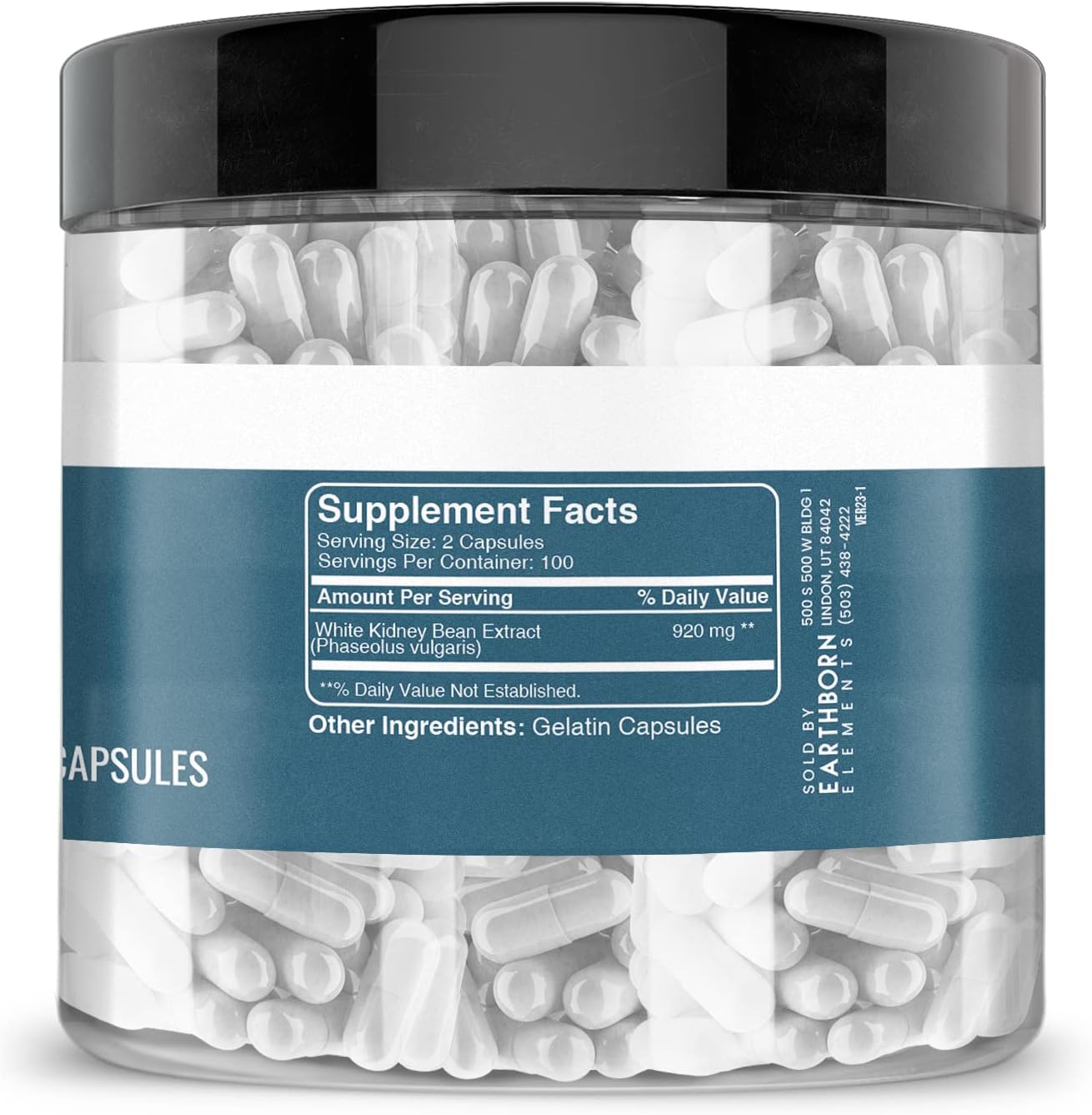200 Pure & Undiluted White Kidney Bean Extract Capsules by Earthborn Elements - Additive-Free Formula