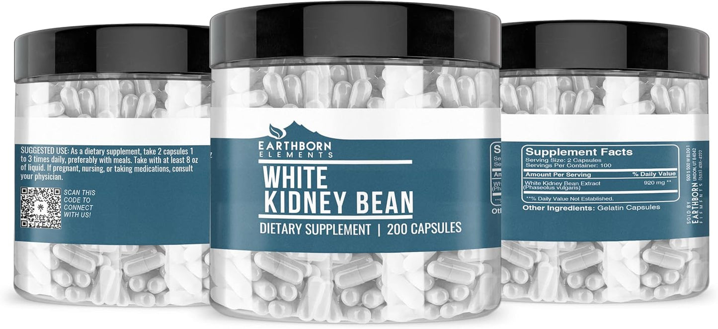 200 Pure & Undiluted White Kidney Bean Extract Capsules by Earthborn Elements - Additive-Free Formula