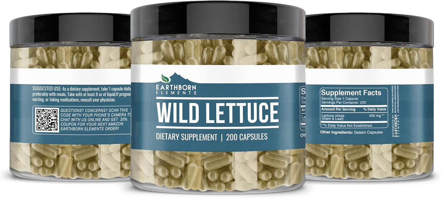200 Pure & Undiluted Wild Lettuce Capsules by Earthborn Elements - Additive-Free