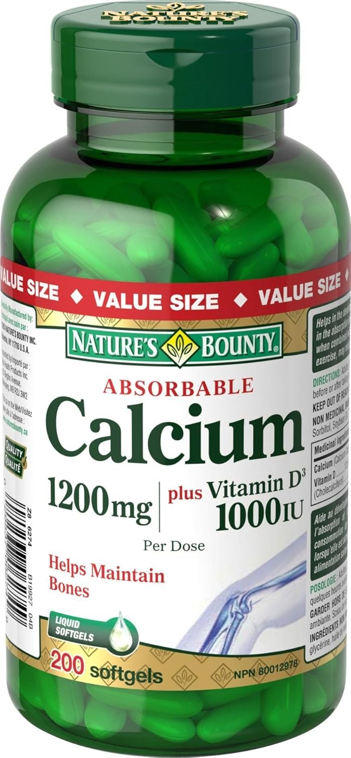 200 Softgels of Nature's Bounty Absorbable Calcium with Vitamin D3, 1200 mg