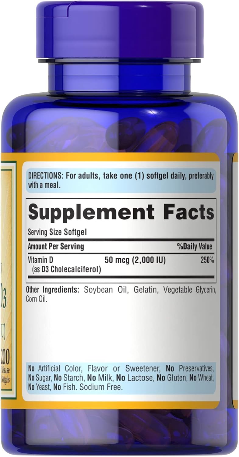 200 Softgels of Puritan's Pride Vitamin D3 50mcg (2,000 IU) for Immune Health & Bone Support (Pack of 2)