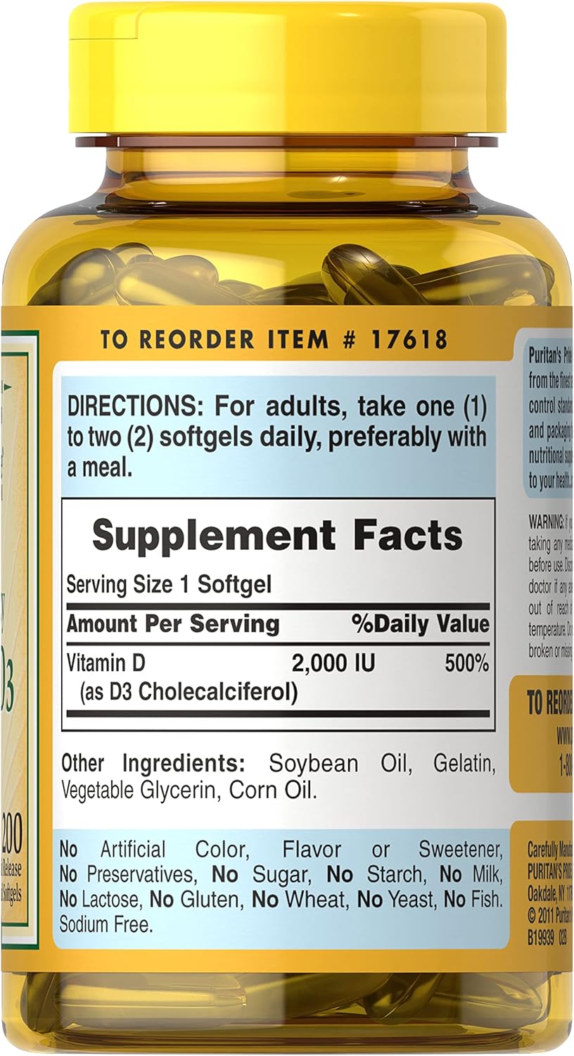 200 Softgels of Puritan's Pride Vitamin D3 50mcg (2,000 IU) for Immune Health & Bone Support (Pack of 2)