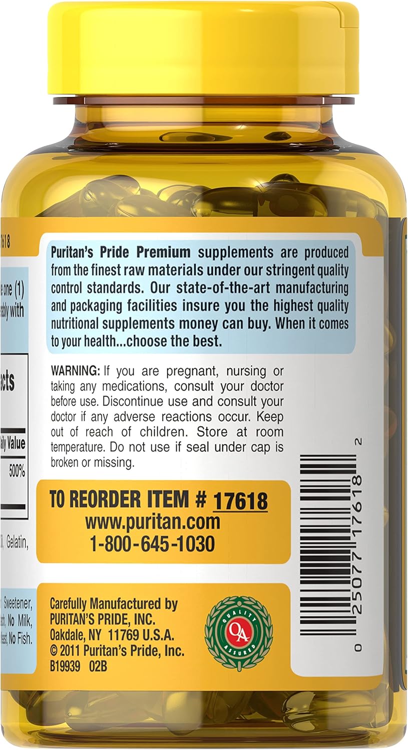 200 Softgels of Puritan's Pride Vitamin D3 50mcg (2,000 IU) for Immune Health & Bone Support (Pack of 2)