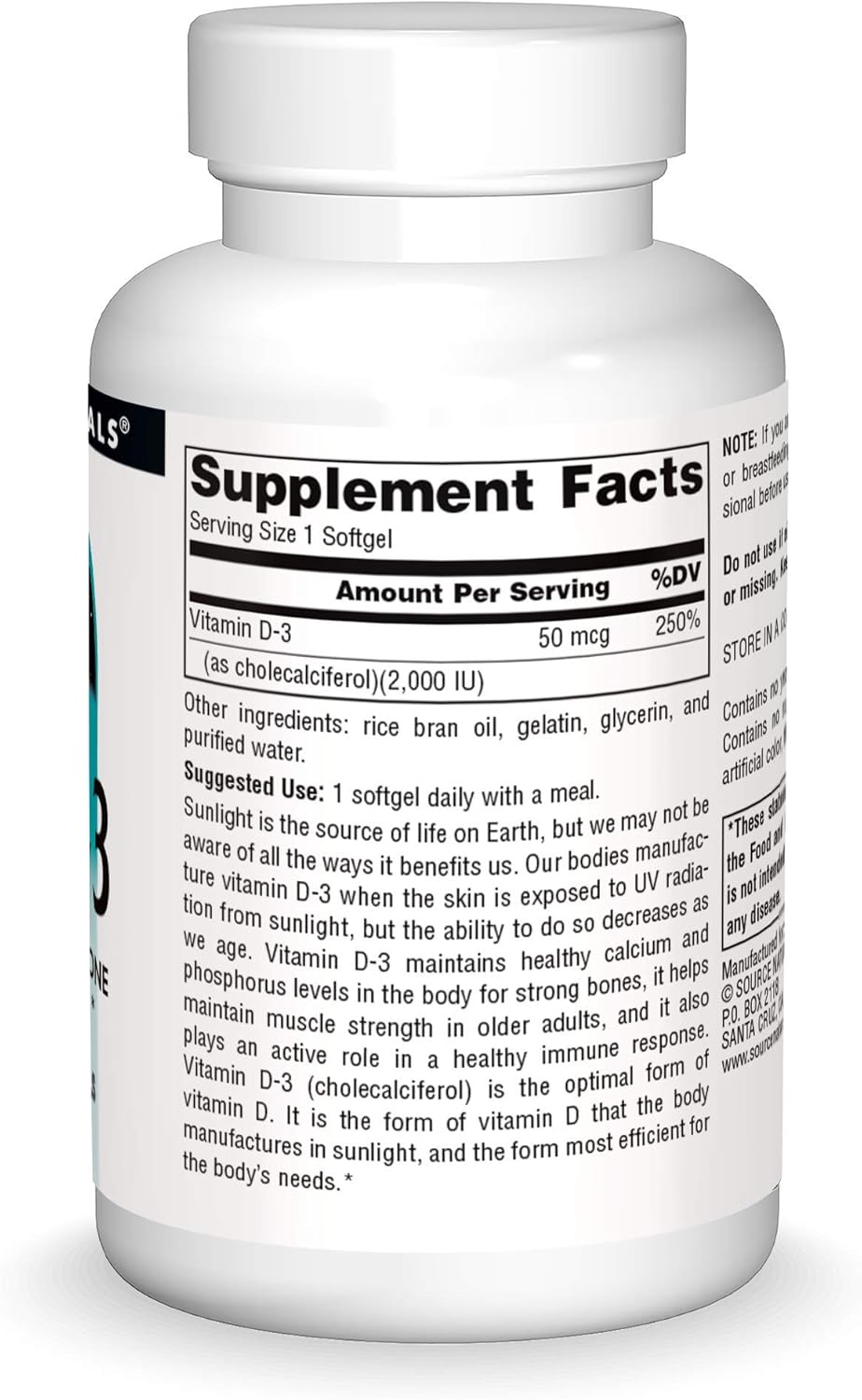 200 Softgels of Source Naturals Vitamin D-3 2000 IU for Bone and Immune Health