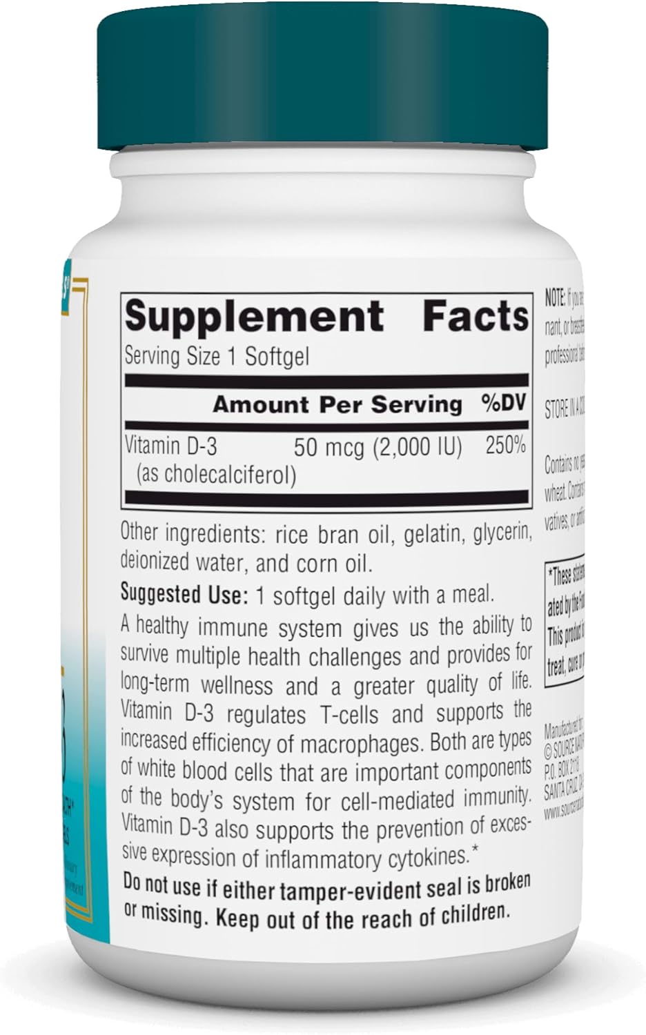 200 Softgels Source Naturals Wellness Vitamin D-3 2000 iu Bioactive Form for Immune Health Support