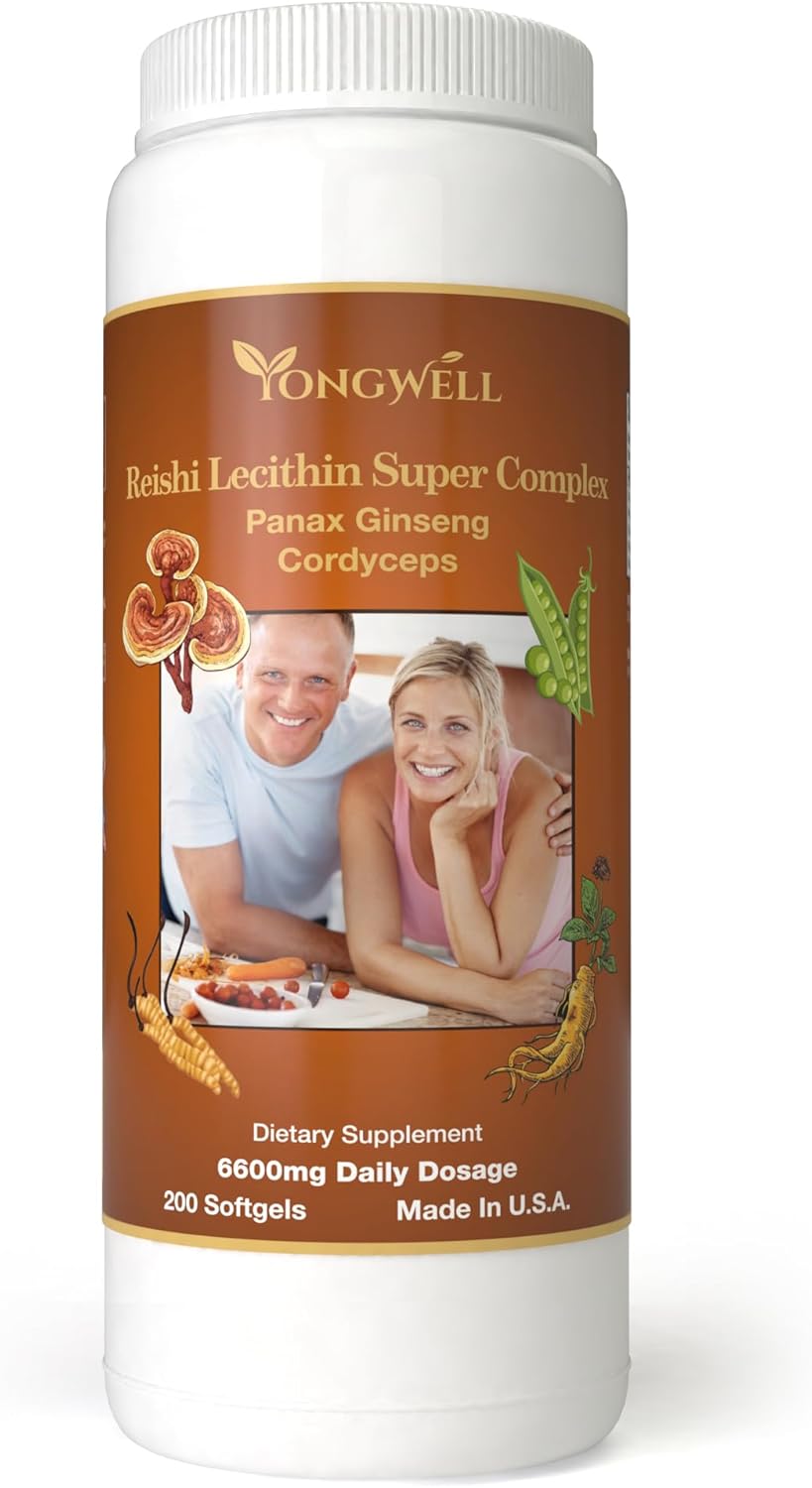 200 Softgels YongWell Reishi Lecithin Super Complex with Panax Ginseng & Cordyceps - Premium Quality Dietary Supplement