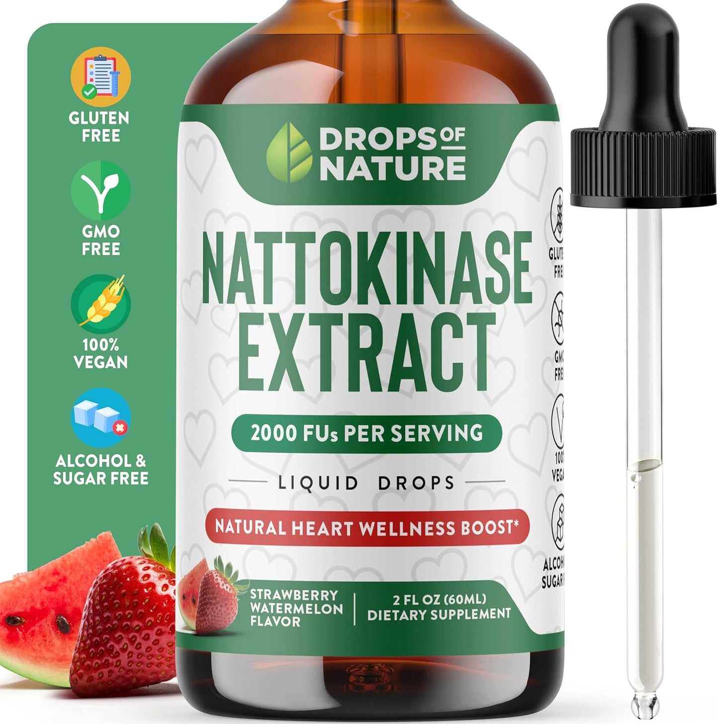 2000 FU Nattokinase Liquid Drops - Vegan & Gluten Free - Heart Wellness Support - Strawberry Watermelon Flavor - 60mL