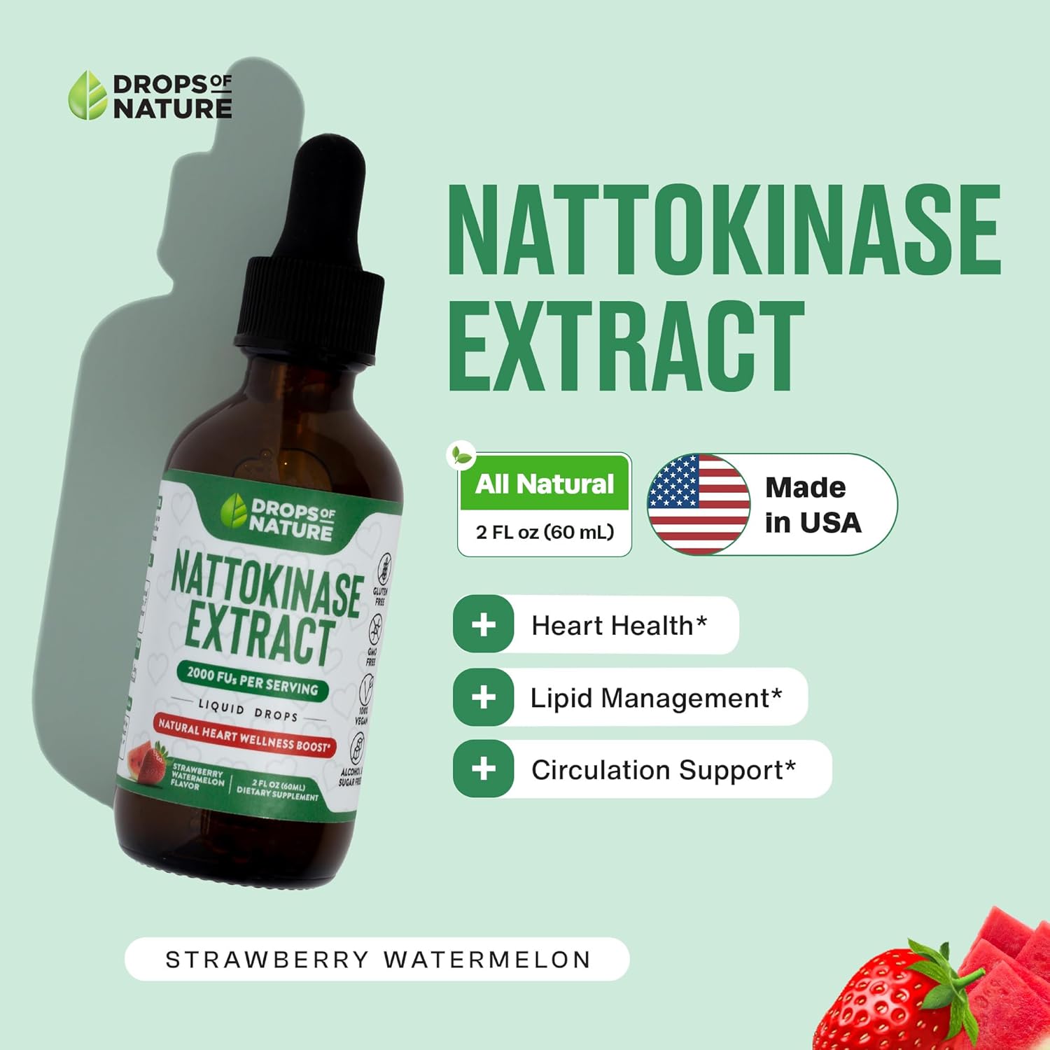2000 FU Nattokinase Liquid Drops - Vegan & Gluten Free - Heart Wellness Support - Strawberry Watermelon Flavor - 60mL