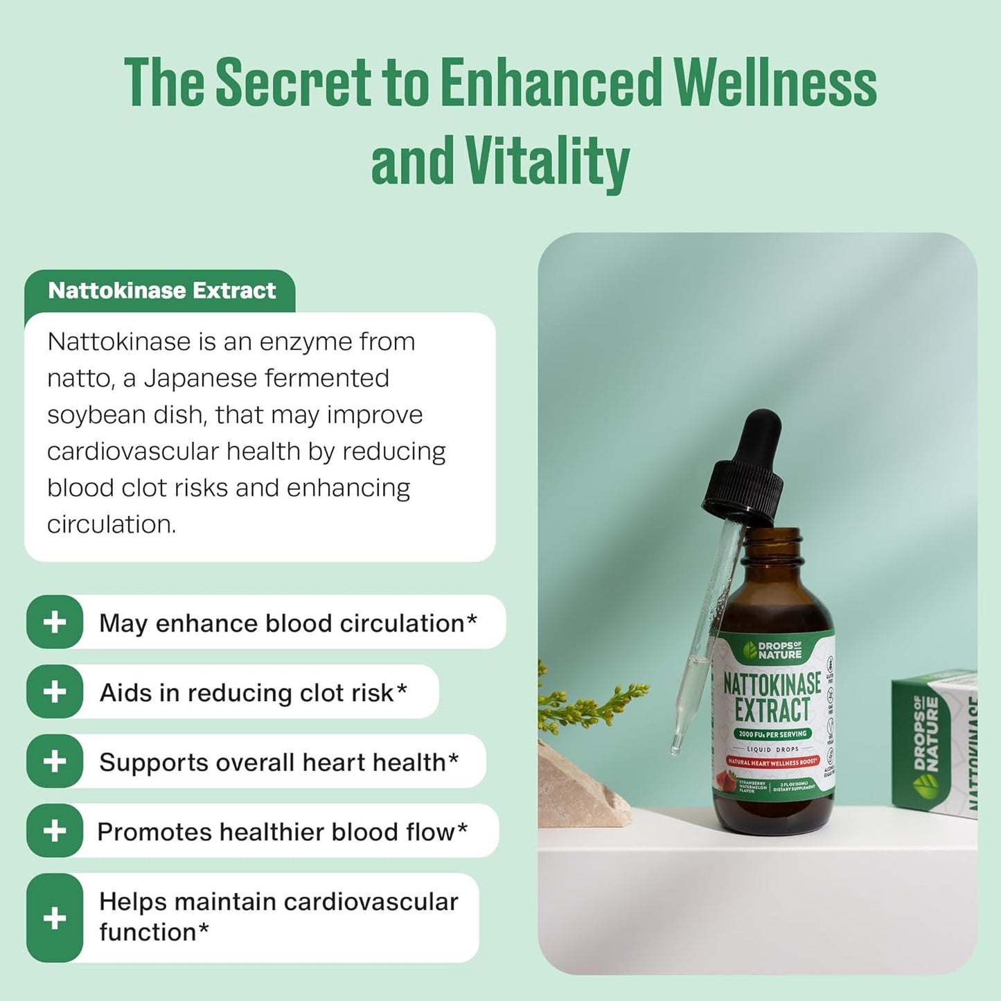 2000 FU Nattokinase Liquid Drops - Vegan & Gluten Free - Heart Wellness Support - Strawberry Watermelon Flavor - 60mL