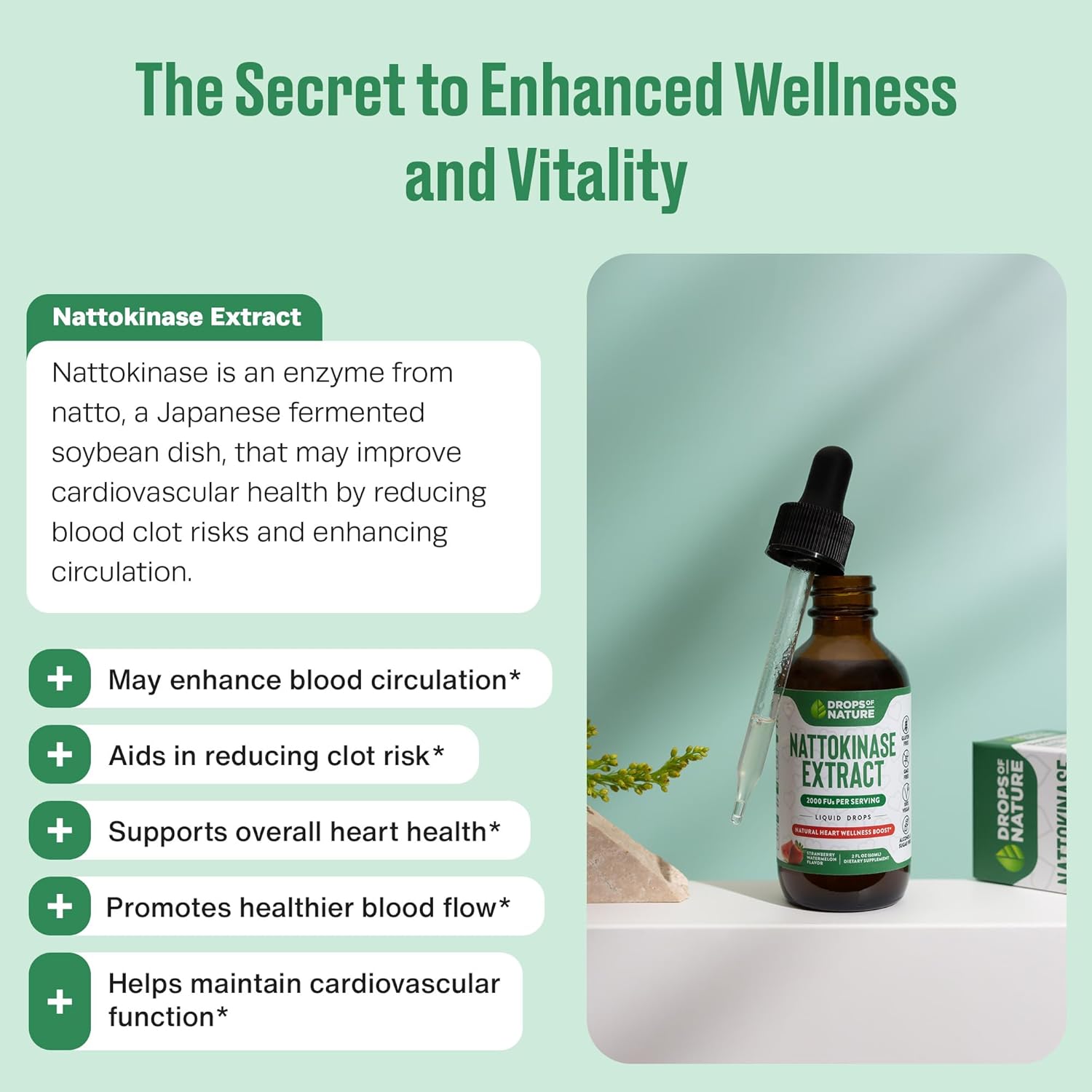 2000 FU Nattokinase Liquid Drops - Vegan & Gluten Free - Heart Wellness Support - Strawberry Watermelon Flavor - 60mL