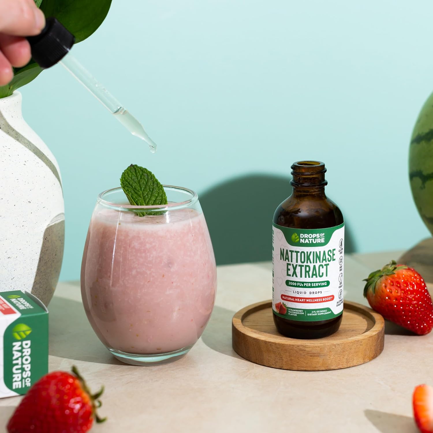 2000 FU Nattokinase Liquid Drops - Vegan & Gluten Free - Heart Wellness Support - Strawberry Watermelon Flavor - 60mL