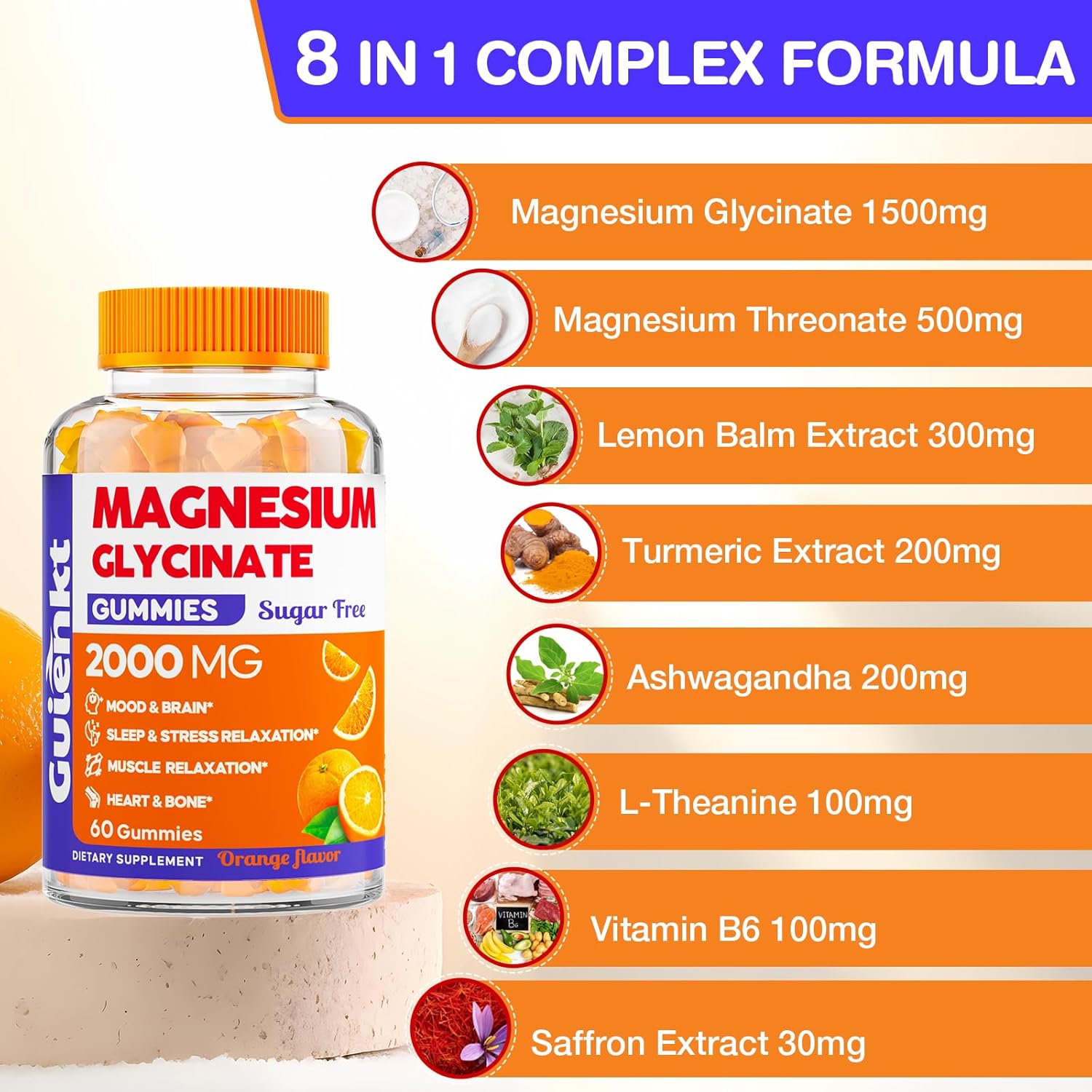 2000 mg Sugar-Free Magnesium Glycinate Gummies for Adults - Orange Flavor, 60 Count