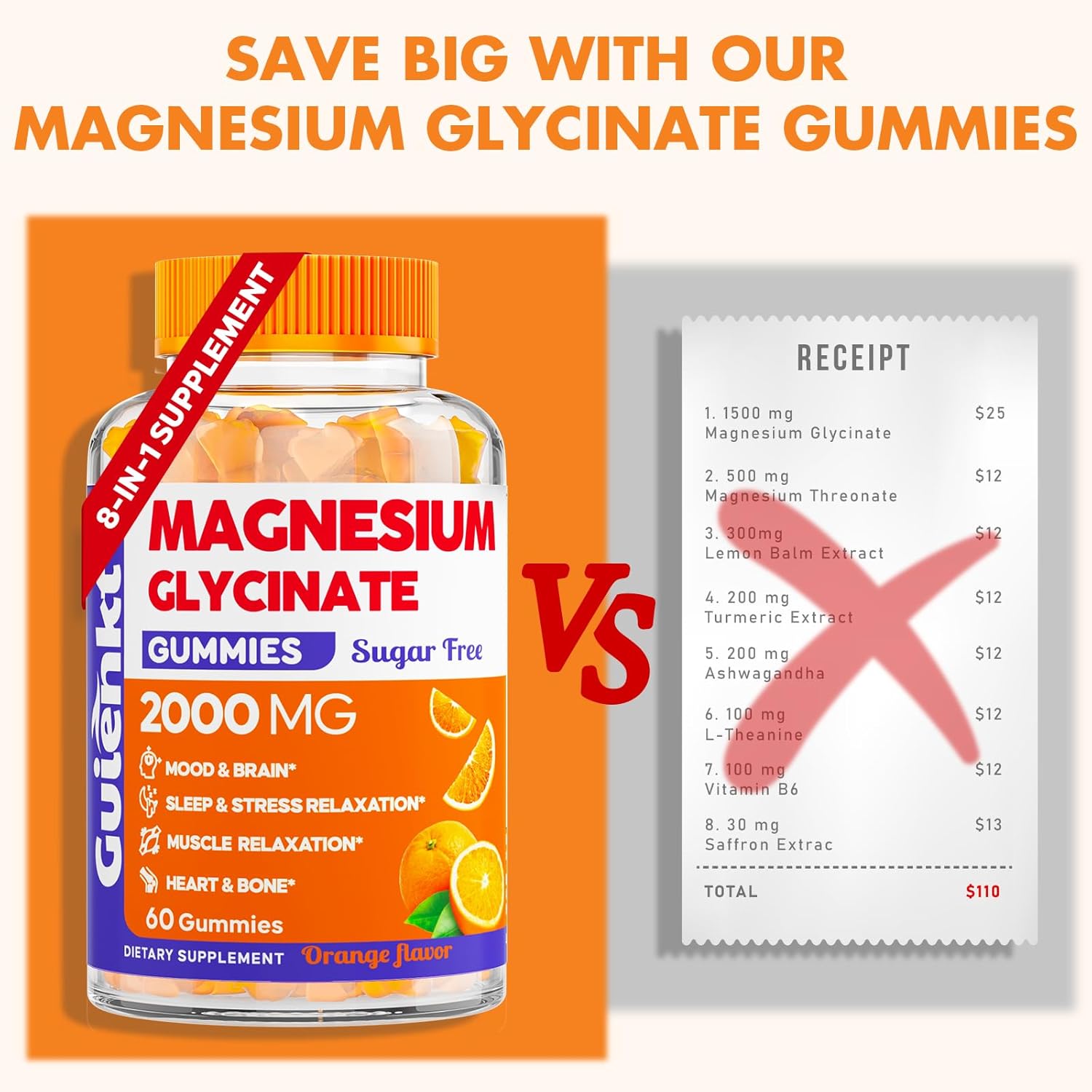 2000 mg Sugar-Free Magnesium Glycinate Gummies for Adults - Orange Flavor, 60 Count