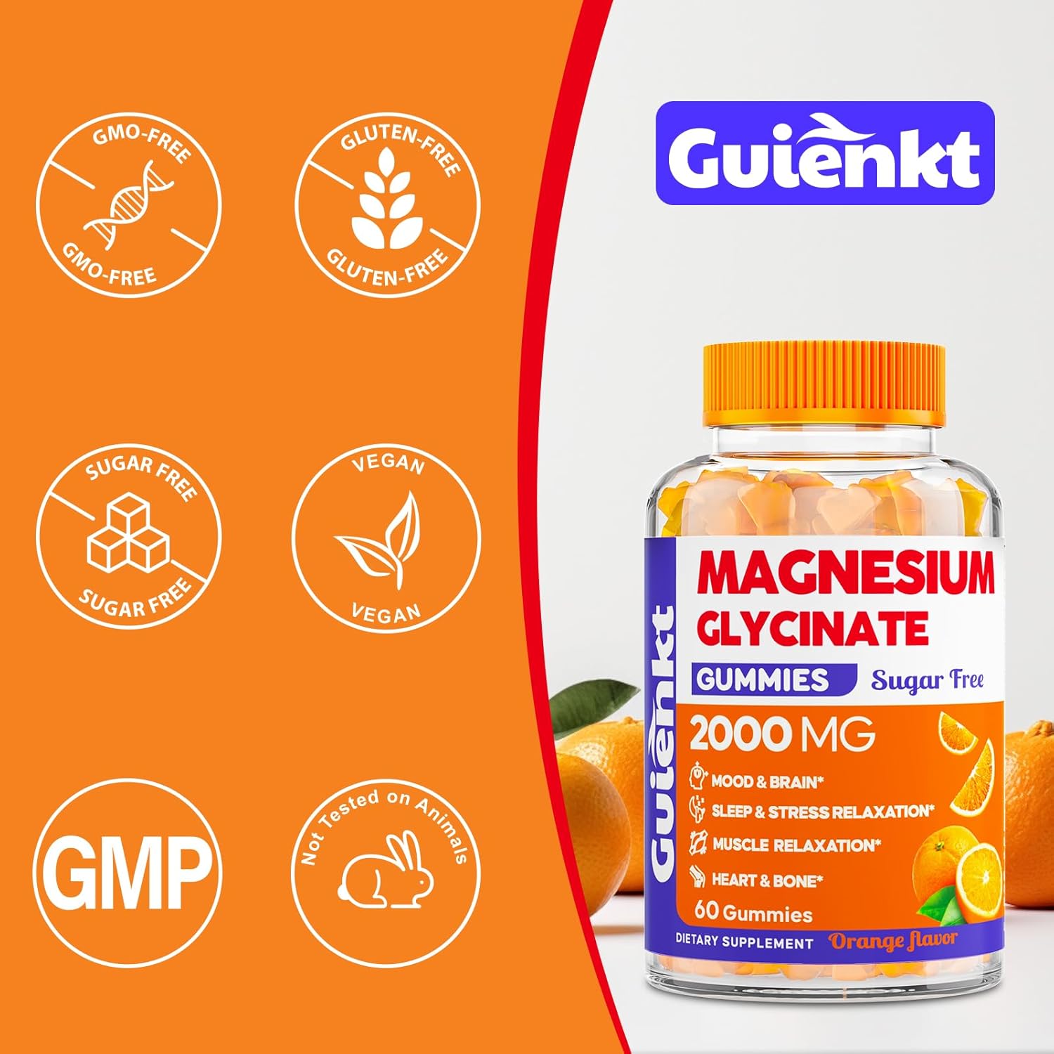 2000 mg Sugar-Free Magnesium Glycinate Gummies for Adults - Orange Flavor, 60 Count