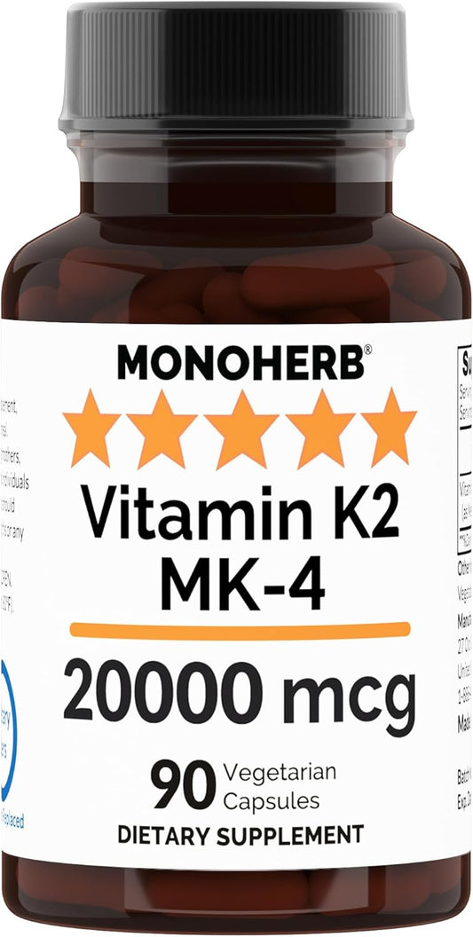 20000 mcg Vitamin K2 MK-4 Capsules - 90 Count - High Potency Monoherb Supplement