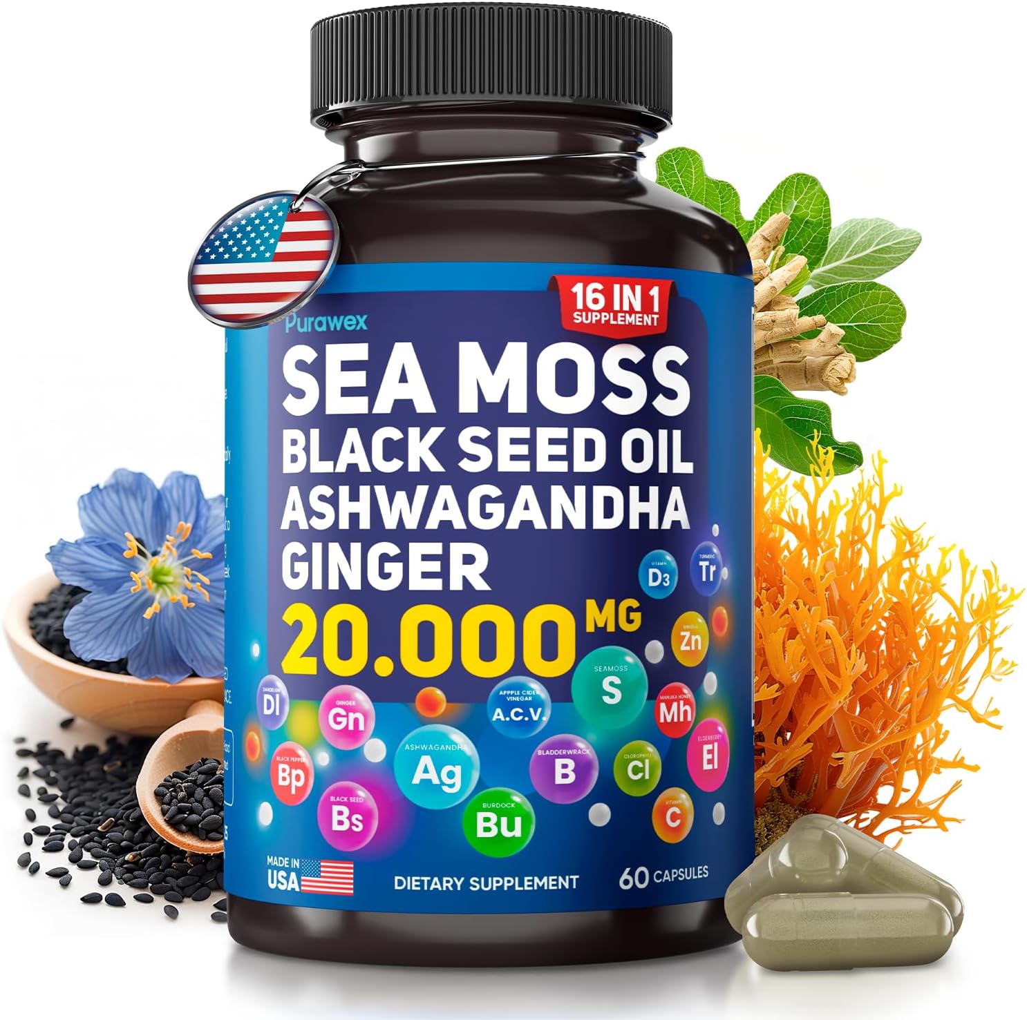 20,000mg Sea Moss, Ashwagandha, Black Seed Oil & Ginger Capsules - 60 Vegetarian Capsules - Organic Supplement
