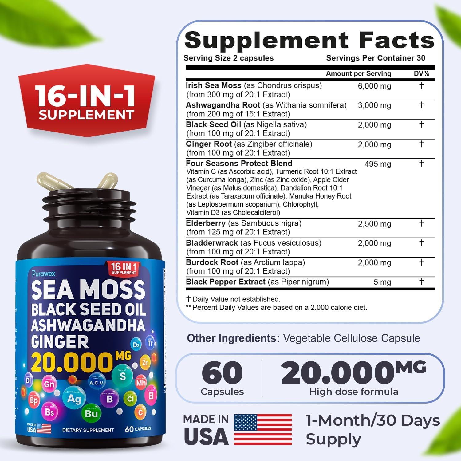 20,000mg Sea Moss, Ashwagandha, Black Seed Oil & Ginger Capsules - 60 Vegetarian Capsules - Organic Supplement