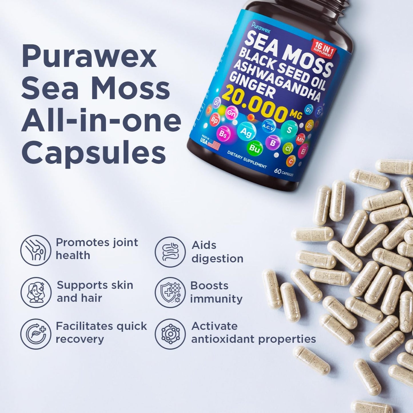 20,000mg Sea Moss, Ashwagandha, Black Seed Oil & Ginger Capsules - 60 Vegetarian Capsules - Organic Supplement