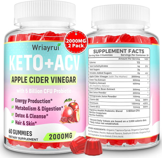 2000mg Apple Cider Vinegar Gummies with Probiotics & Vitamin B12 for Metabolism & Digestion - 120 Sugar Free, Vegan Gummies with Mother