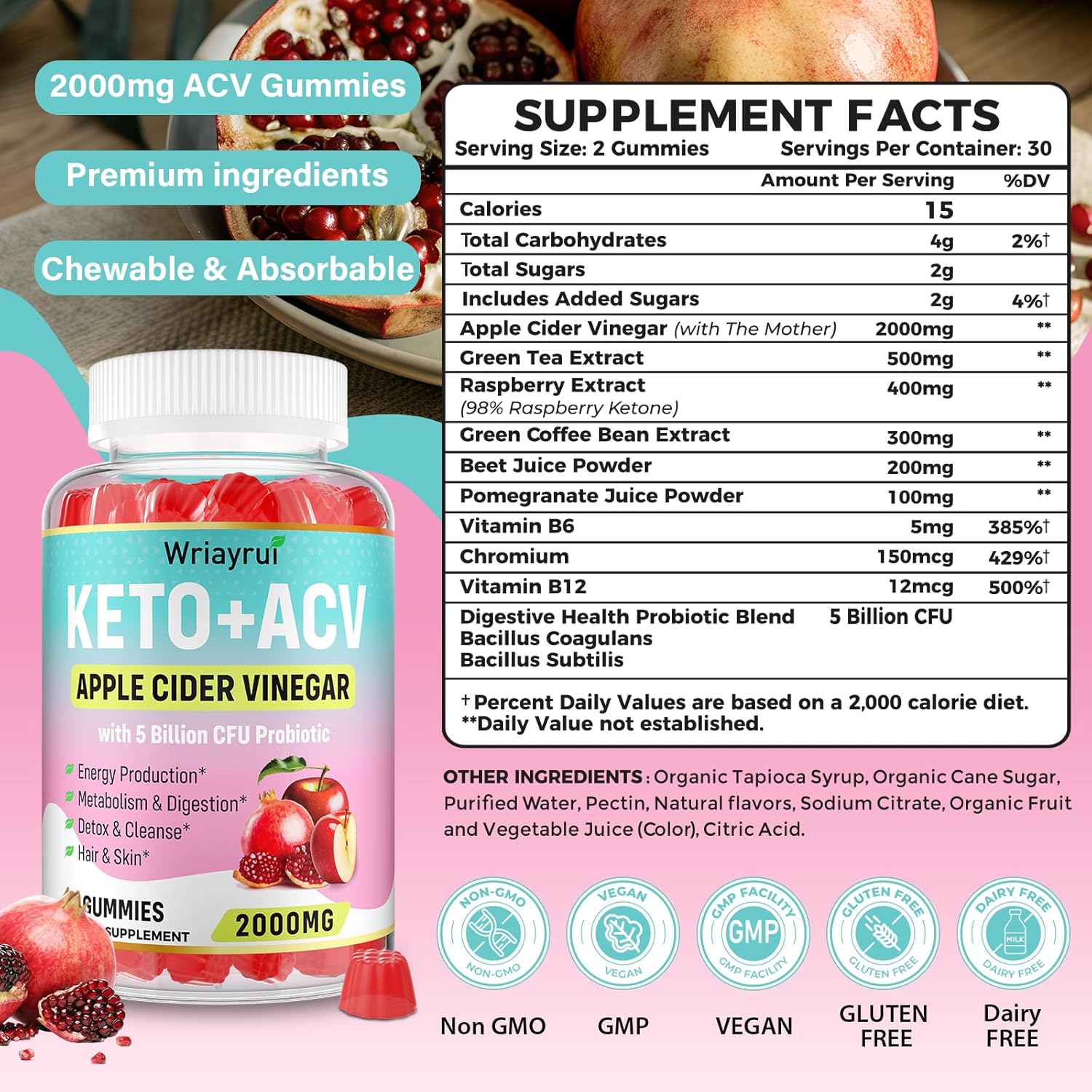 2000mg Apple Cider Vinegar Gummies with Probiotics & Vitamin B12 for Metabolism & Digestion - 120 Sugar Free, Vegan Gummies with Mother
