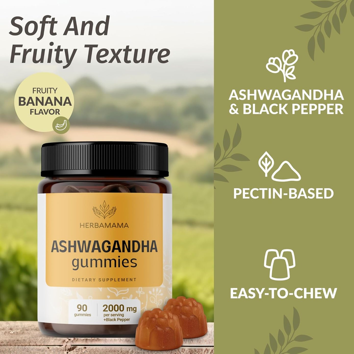 2000mg Ashwagandha Gummies with Black Pepper for Calm & Mood Support - Vegan, Non-GMO Mango Chews - 90 Count by HERBAMAMA